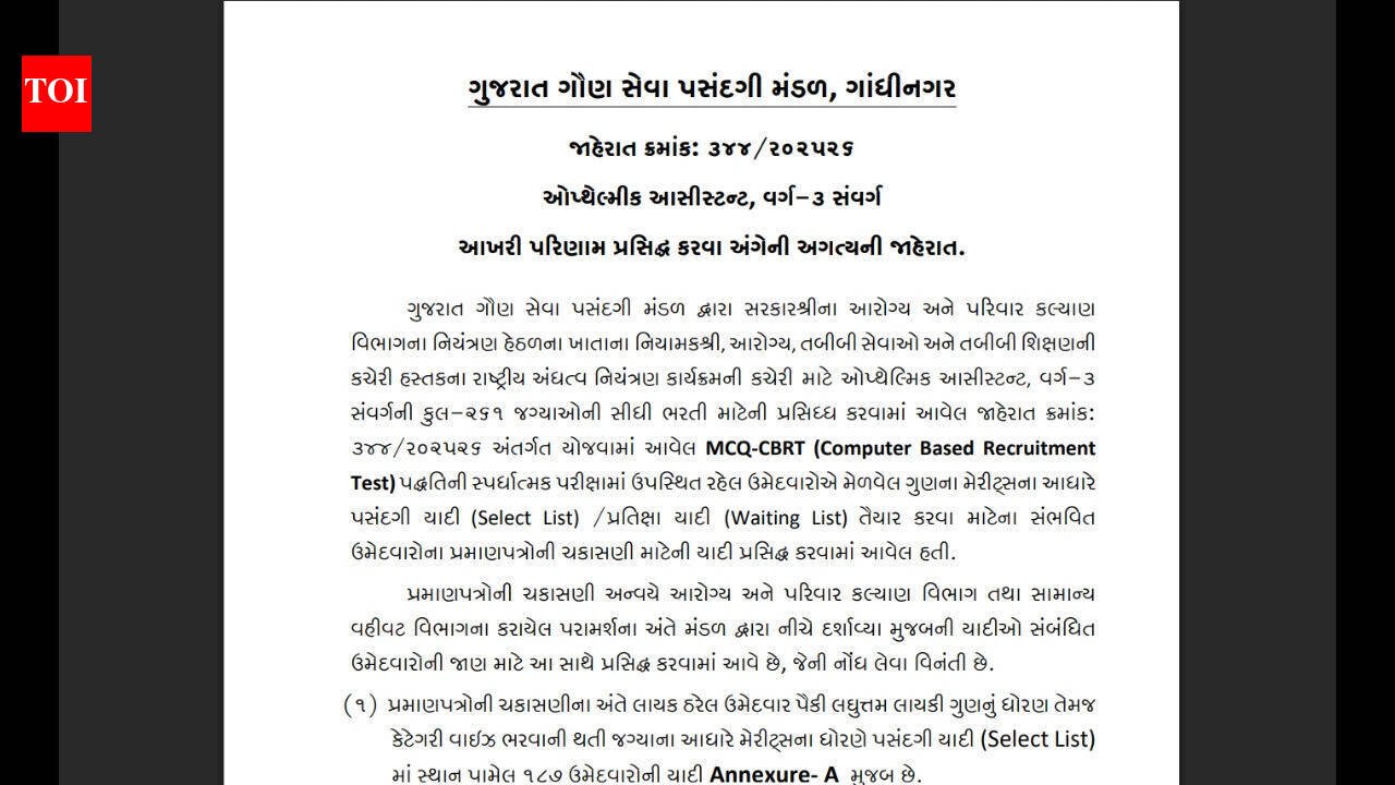 GSSSB final result 2026 out for 261 Ophthalmic Assistant posts: Check direct link to download merit list PDF here